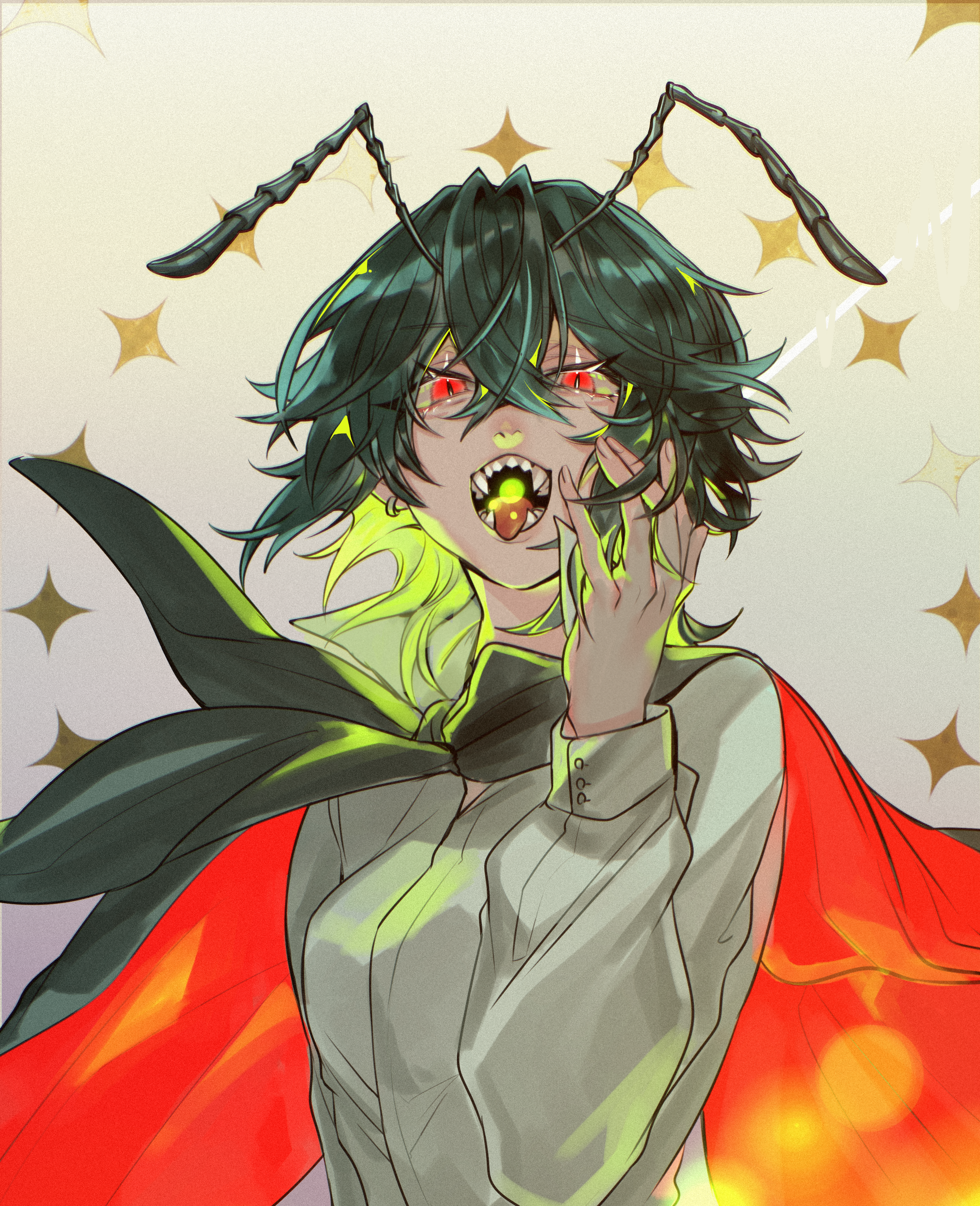 bifrst, wriggle nightbug, touhou, absurdres, commentary request, highres, 1girl, antennae, black cape, breasts, cape, crossed bangs, green hair, grey background, hair between eyes, long bangs, looking at viewer, medium breasts, open mouth, red cape, red eyes, sharp teeth, shirt, short hair, solo, star (symbol), teeth, tongue, tongue out, two-tone cape, white shirt