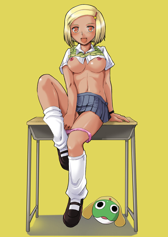 mk (mod0), angol mois, keroro gunsou, 1girl, breasts, clothes lift, dark-skinned female, dark skin, female focus, gyaru, kogal, loose socks, medium breasts, nipples, pleated skirt, school uniform, serafuku, shirt lift, skirt, socks, solo, sweater vest