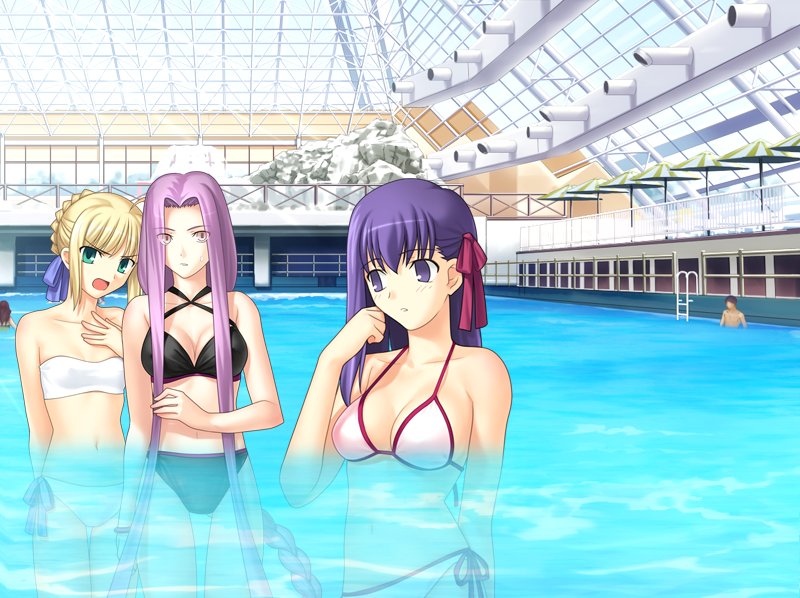 takeuchi takashi, artoria pendragon (fate), matou sakura, medusa (fate), medusa (rider) (fate), saber (fate), fate/hollow ataraxia, fate/stay night, fate (series), game cg, >:o, 00s, 1boy, 4girls, :o, adjusting hair, ahoge, angry, arm behind back, bandeau, beach umbrella, bikini, black bikini, blonde hair, blush, bracelet, braid, breasts, cleavage, criss-cross halter, eyes visible through hair, green eyes, hair bun, hair ribbon, halterneck, hand on own chest, head tilt, indoors, jewelry, long hair, looking at viewer, multiple girls, navel, official alternate costume, parasol, parted lips, partially submerged, photo background, pink eyes, pool, pool ladder, purple eyes, purple hair, railing, ribbon, short hair, side-tie bikini bottom, sidelocks, single braid, single hair bun, small breasts, square pupils, standing, sweatdrop, swimsuit, tachi-e, thigh gap, umbrella, v-shaped eyebrows, very long hair, wading, water, white bikini