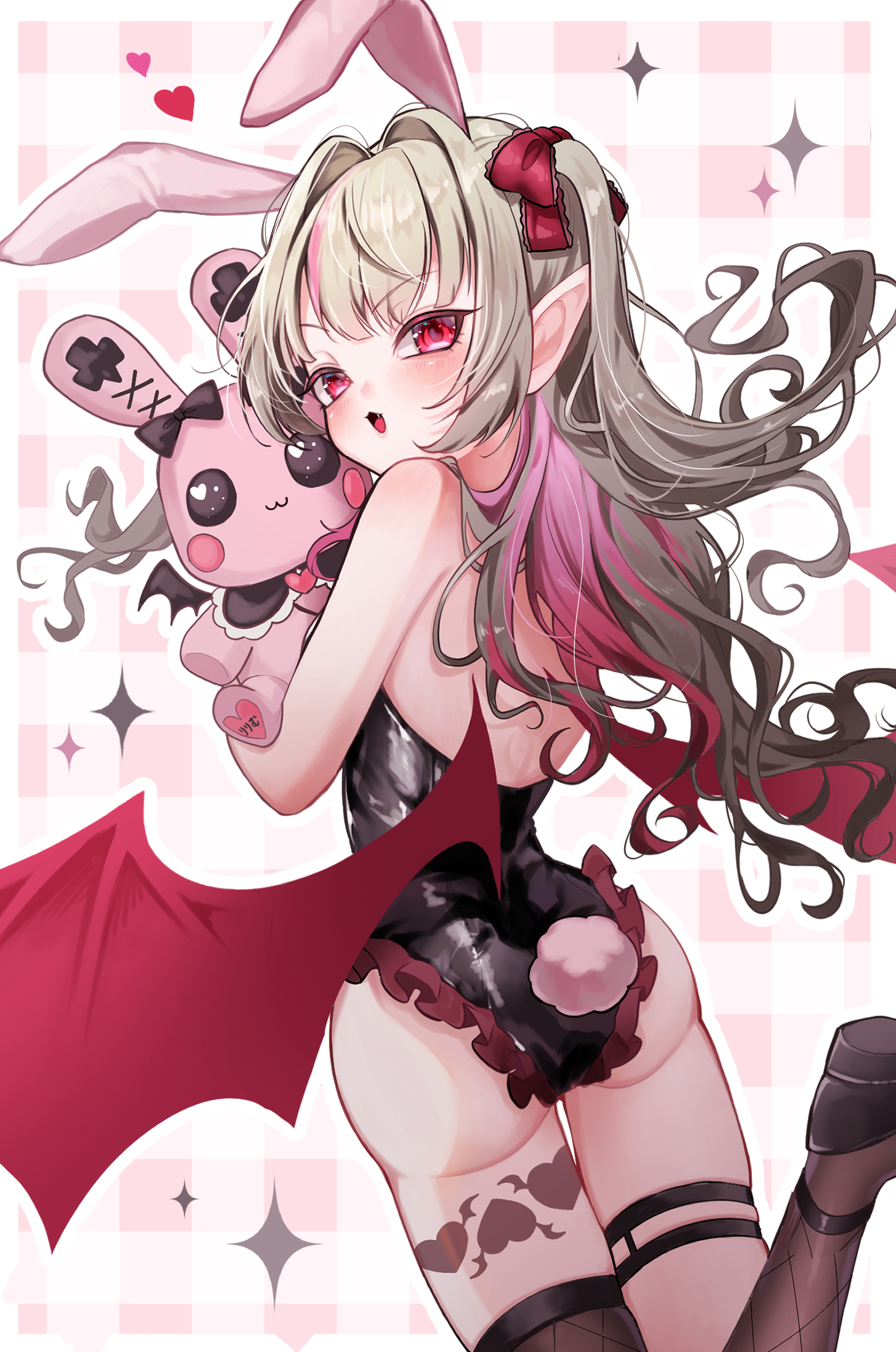 tottoko mayo, makaino ririmu, nijisanji, highres, 1girl, :3, alternate costume, animal ear hairband, animal ears, black leotard, blunt bangs, blush, colored inner hair, cowboy shot, demon wings, drill hair, fake animal ears, fake tail, fang, floating hair, frilled leotard, frilled ribbon, frills, from behind, grey hair, hair intakes, hair ribbon, hairband, holding, holding stuffed toy, leg tattoo, leotard, long hair, looking back, multicolored hair, parted lips, pink hair, pink hairband, plaid background, playboy bunny, pointy ears, rabbit ear hairband, rabbit ears, rabbit tail, red eyes, red ribbon, red wings, ribbon, sidelocks, single fishnet legwear, single thighhigh, solo, streaked hair, stuffed animal, stuffed rabbit, stuffed toy, tail, tattoo, thigh strap, thighhighs, two side up, v-shaped eyebrows, virtual youtuber, winged heart, winged heart tattoo, wings