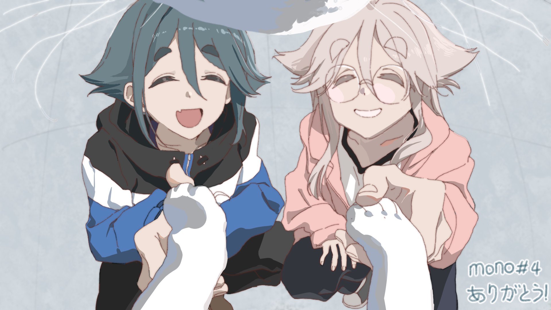 ao1sora, akiyama haruno, komada kako, mono (afro), commentary, highres, 2girls, animal pov, black jacket, black pants, blue jacket, blue pants, cat, closed eyes, copyright name, episode number, fang, glasses, green hair, grey hair, hair between eyes, hair flaps, jacket, long sleeves, multicolored jacket, multiple girls, open mouth, pants, pink jacket, round eyewear, shirt, shoes, sidelocks, skin fang, smile, squatting, taishou (mono), thick eyebrows, whiskers, white cat, white jacket, white shirt
