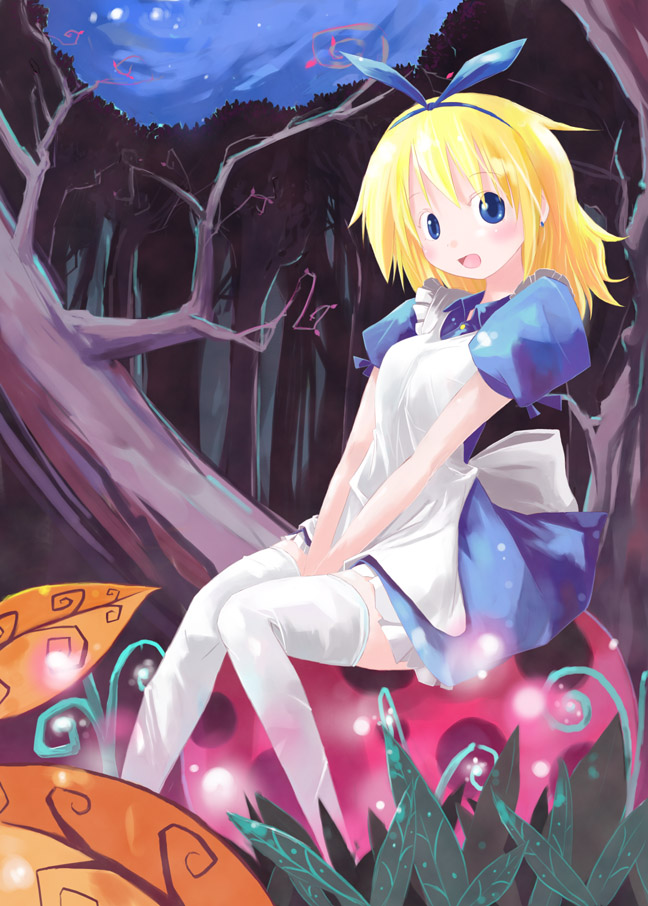 shiba yuusuke, alice (alice in wonderland), alice's adventures in wonderland, 1girl, apron, blonde hair, blue eyes, earrings, female focus, forest, in tree, jewelry, mushroom, nature, outdoors, sitting, sitting in tree, solo, thighhighs, tree