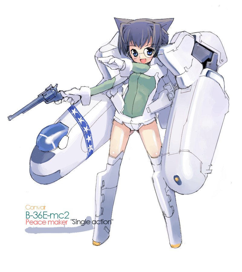 original, 1girl, aircraft, airplane, animal ears, bomber, female focus, glasses, gun, handgun, mecha musume, military, military vehicle, pun, revolver, simple background, solo, weapon, white background