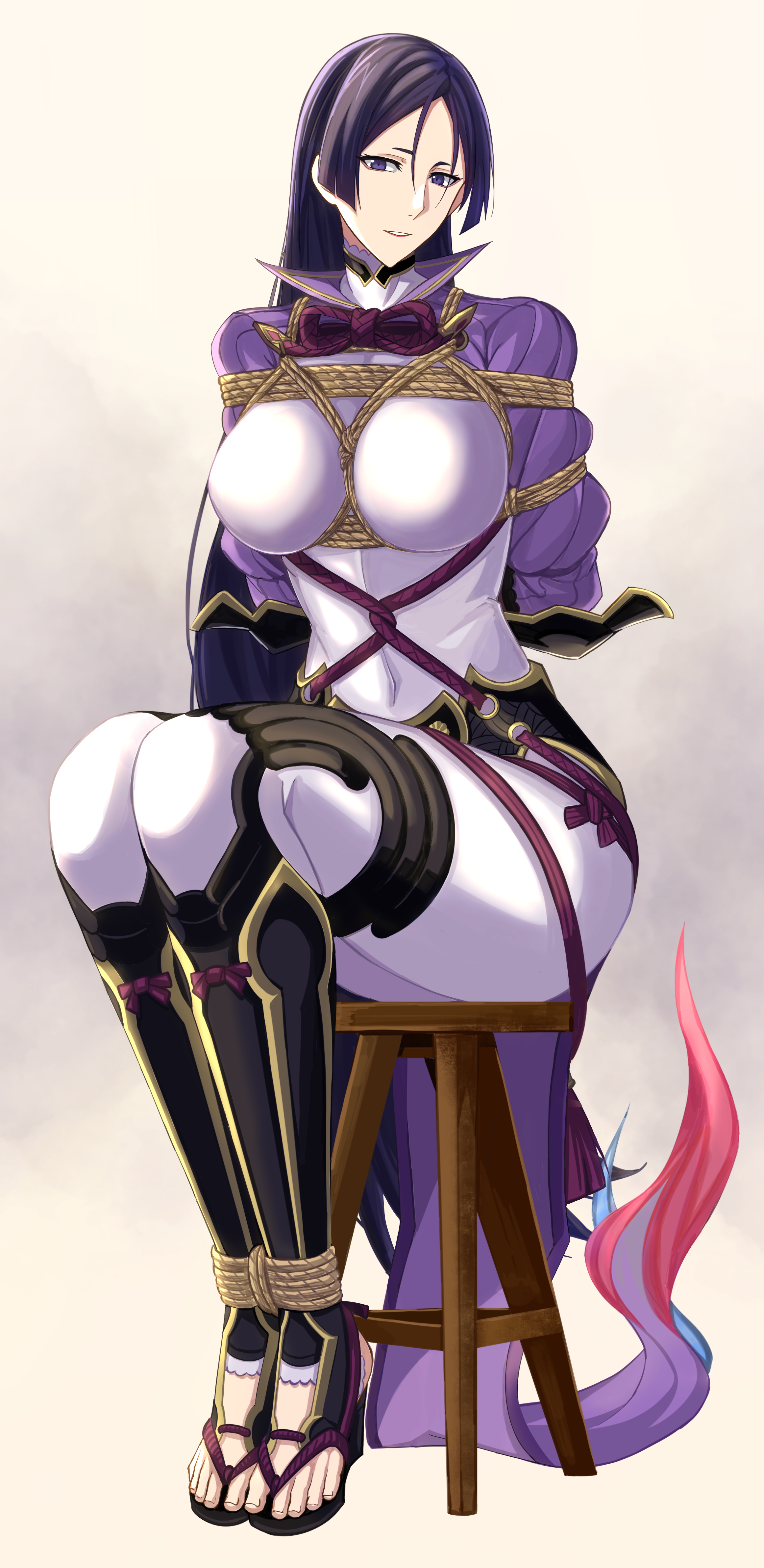 hao718, minamoto no raikou (fate), fate/grand order, fate (series), absurdres, highres, 1girl, bdsm, bodysuit, bondage, bound, breasts, chair, impossible bodysuit, impossible clothes, impossible leotard, large breasts, leotard, long hair, looking at viewer, purple eyes, purple hair, restrained, sandals, shibari, sitting, skin tight, smile, solo, very long hair