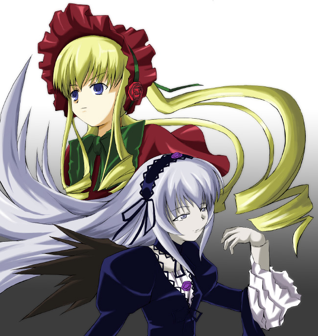 nodoka (artist), shinku, suigintou, rozen maiden, silver hair, 00s, 2girls, bad anatomy, bad proportions, black wings, blonde hair, blue eyes, bonnet, doll joints, dress, drill hair, gradient background, grey eyes, hairband, joints, long hair, looking afar, multiple girls, oekaki, pale skin, poorly drawn, serious, very long hair, wings