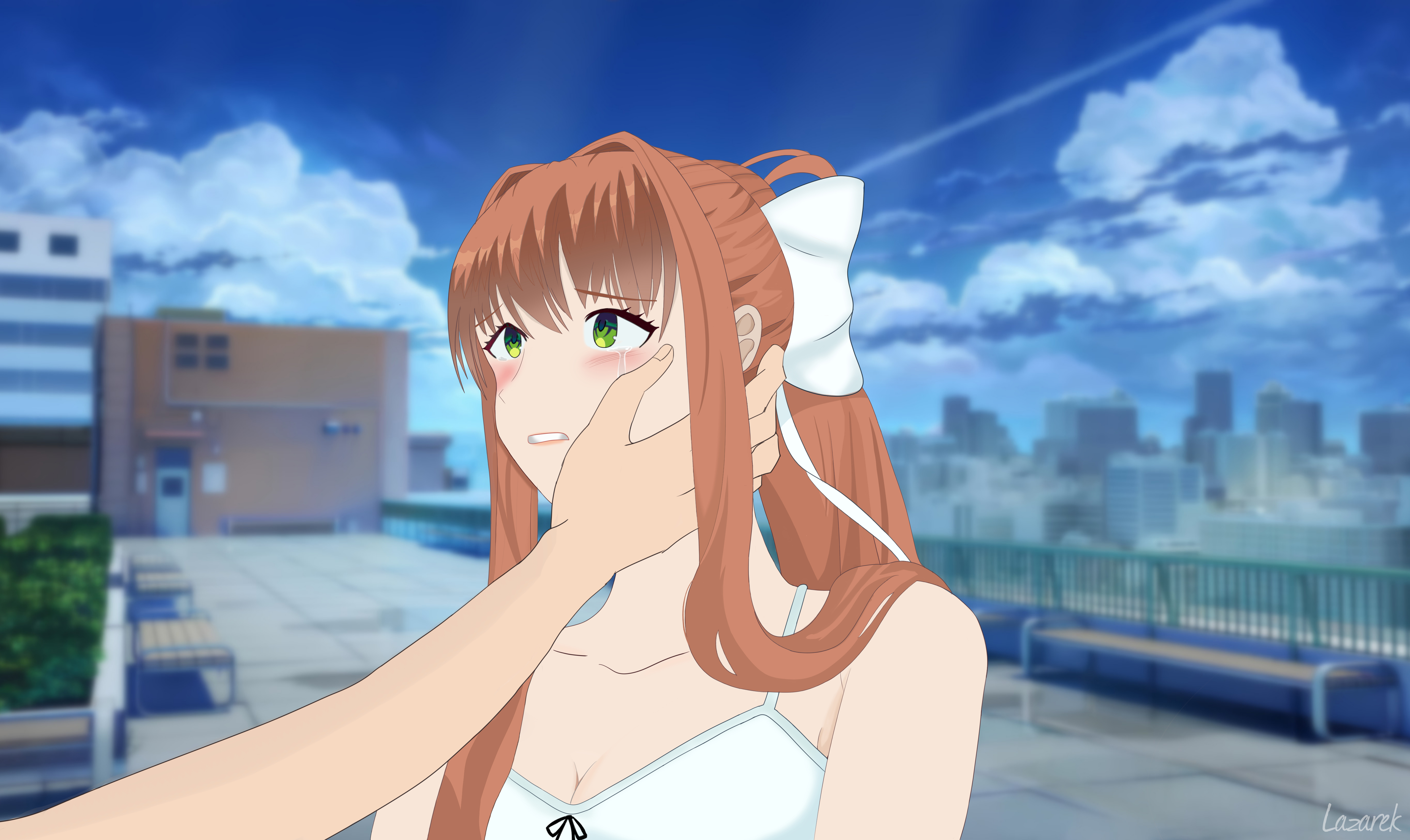 monika (doki doki literature club), doki doki literature club, absurdres, highres, 1girl, blue sky, brown hair, crying, crying with eyes open, dress, green eyes, lazarek, rooftop, shy, sky, tears, white dress