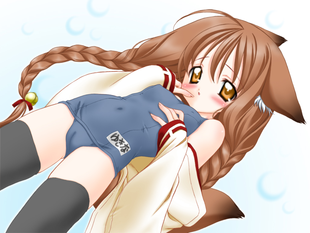 nakajima konta, yukina (snow fox), snow fox, 1girl, animal ears, braid, cameltoe, cat ears, cat tail, costume combination, detached sleeves, female focus, flat chest, fox ears, fox tail, japanese clothes, loli, miko, name tag, one-piece swimsuit, school swimsuit, solo, swimsuit, tail, thighhighs, twin braids, twintails