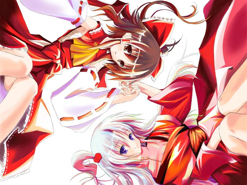 hakurei reimu, shinki (touhou), mystic square, touhou, touhou (pc-98), 2girls, armpits, bow, brown eyes, brown hair, detached sleeves, female focus, hair bobbles, hair bow, hair ornament, holding hands, japanese clothes, long hair, long sleeves, lying, miko, multiple girls, ponytail, purple eyes, rotational symmetry, side ponytail, smile, white hair