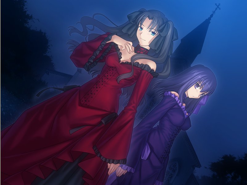 takeuchi takashi, matou sakura, tohsaka rin, fate/hollow ataraxia, fate/stay night, fate (series), type-moon, duplicate, game cg, spoilers, 00s, 2girls, alternate costume, bare shoulders, black hair, blue eyes, breasts, choker, church, cleavage, covered erect nipples, cowboy shot, cross, dress, dutch angle, floating hair, frilled dress, frills, from side, goth fashion, hair ribbon, hand on own chest, light smile, long hair, long sleeves, looking at viewer, multiple girls, night, night sky, off-shoulder dress, off shoulder, outdoors, outline, parted bangs, purple choker, purple dress, purple eyes, purple hair, red choker, red dress, ribbon, serious, siblings, sisters, sky, sleeves past wrists, smile, standing, tree, twintails, two side up, wavy hair, wide sleeves