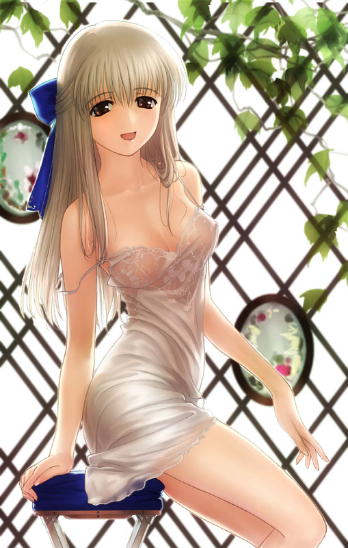 koyama hirokazu, kurata sayuri, kanon, 1girl, arm support, bow, breasts, cleavage, covered erect nipples, female focus, ivy, lingerie, long hair, long legs, negligee, off shoulder, red eyes, ribbon, see-through clothes, sitting, solo, stool, strap slip, underwear