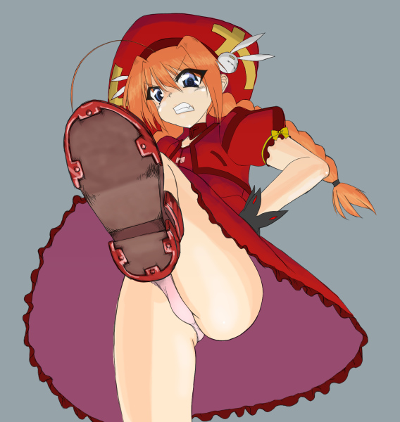 vita (nanoha), lyrical nanoha, mahou shoujo lyrical nanoha, mahou shoujo lyrical nanoha a's, 00s, 1girl, beret, blue eyes, braid, dress, female focus, gloves, hat, high kick, kicking, leg lift, panties, pantyshot, pink panties, red hair, shoe soles, shoes, solo, standing, twin braids, underwear, upskirt