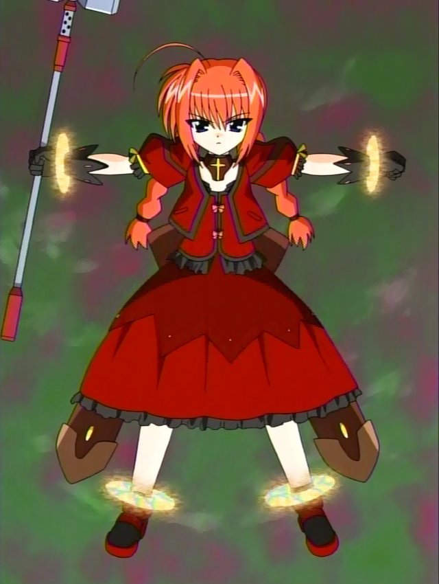 graf eisen, vita (nanoha), lyrical nanoha, mahou shoujo lyrical nanoha, mahou shoujo lyrical nanoha a's, anime screenshot, 00s, 1girl, ahoge, braid, choker, dress, female focus, frills, gloves, hammer, magical girl, orange hair, solo, twin braids