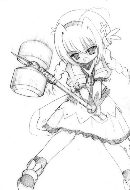 graf eisen, vita (nanoha), lyrical nanoha, mahou shoujo lyrical nanoha, mahou shoujo lyrical nanoha a's, 00s, 1girl, ahoge, braid, dress, female focus, gloves, greyscale, hammer, hat, jacket, long hair, magical girl, monochrome, open clothes, open jacket, open mouth, rabbit, solo, twin braids