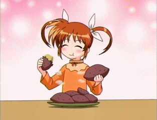 takamachi nanoha, lyrical nanoha, mahou shoujo lyrical nanoha, animated, animated gif, anime screenshot, lowres, 00s, 1girl, blush, eating, episode6, eyecatch, female focus, food, happy, orange shirt, roasted sweet potato, shirt, solo, steam, sweet potato, twintails