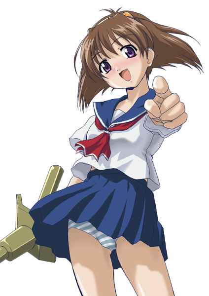 nanase narue, narue no sekai, 1girl, anti-materiel rifle, blue panties, blush, brown hair, female focus, gun, hairband, miniskirt, panties, pantyshot, pleated skirt, purple eyes, rifle, school uniform, serafuku, short hair, skirt, smile, sniper rifle, solo, standing, striped clothes, striped panties, underwear, weapon, wind, wind lift