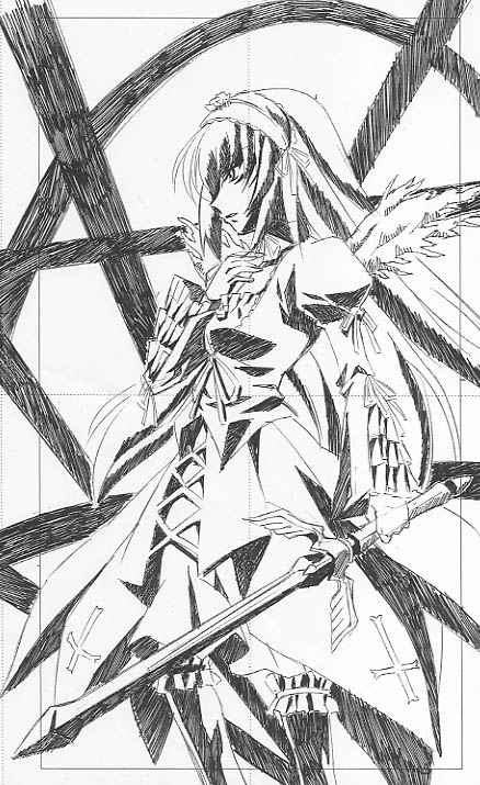 mikage nao, suigintou, rozen maiden, 00s, 1girl, cross, cross-laced clothes, cross print, dress, expressionless, female focus, frilled sleeves, frilled thighhighs, frills, greyscale, hand on own chest, holding, holding sword, holding weapon, juliet sleeves, long hair, long sleeves, monochrome, parted lips, puffy long sleeves, puffy sleeves, simple background, solo, sword, thighhighs, very long hair, weapon