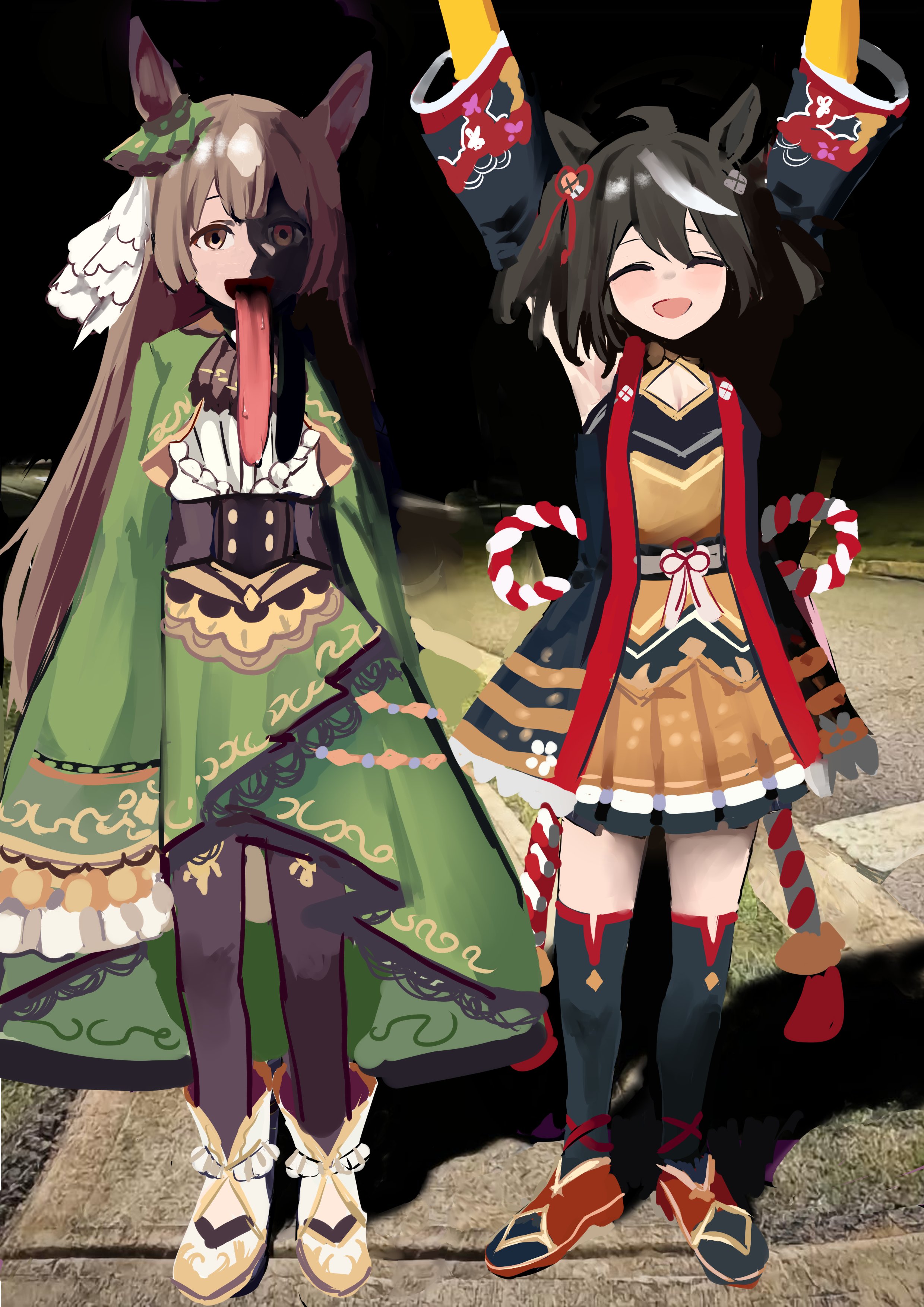 remise, kitasan black (umamusume), satono diamond (umamusume), umamusume, absurdres, highres, 2girls, ahoge, animal ears, arms up, black hair, black pantyhose, black shirt, black sleeves, black socks, boots, brown eyes, brown hair, brown skirt, closed eyes, detached sleeves, dress, freaky satono diamond (meme), frilled sleeves, frills, full body, green dress, horse ears, horse girl, long hair, long tongue, looking at viewer, medium hair, meme, multiple girls, open-toe shoes, open mouth, pantyhose, photo background, red shoes, rope, shimenawa, shirt, shoes, skirt, sleeveless, sleeveless shirt, sleeves past fingers, sleeves past wrists, smile, socks, standing, tongue, tongue out, white boots, why dis ninja look so mad (meme), wide sleeves