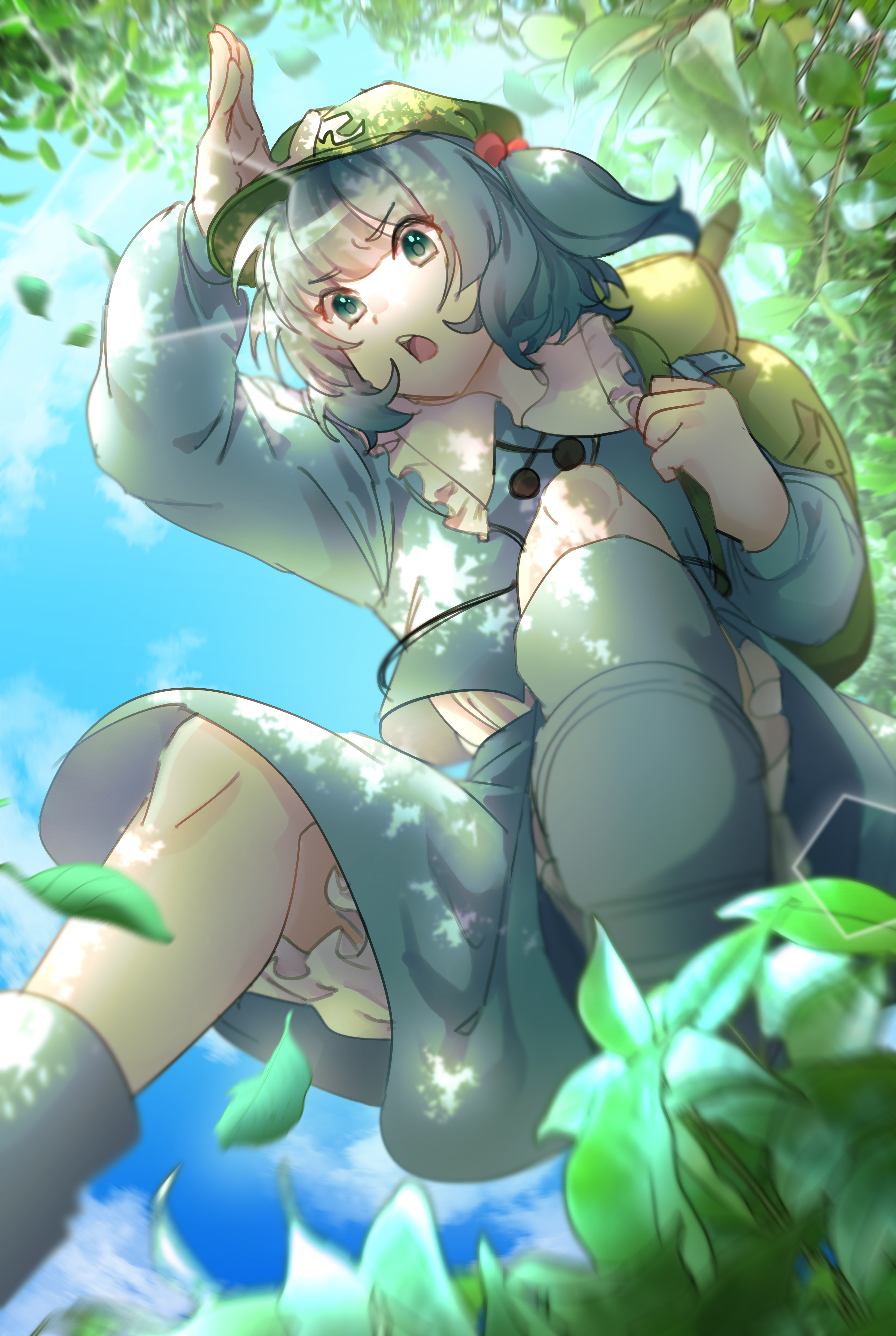 yoshino (q sci), kawashiro nitori, touhou, absurdres, commentary request, highres, 1girl, aqua eyes, backpack, bag, beads, bloomers, blue boots, blue hair, blue skirt, boots, cloud, collar, dappled sunlight, falling leaves, foliage, frilled collar, frills, from below, furrowed brow, green bag, green hat, hair beads, hair ornament, hand on headwear, hat, holding strap, knees, leaf, medium hair, open mouth, shirt, skirt, soles, solo, sunlight, teeth, twintails, underwear, upper teeth only, white bloomers, white collar, white shirt