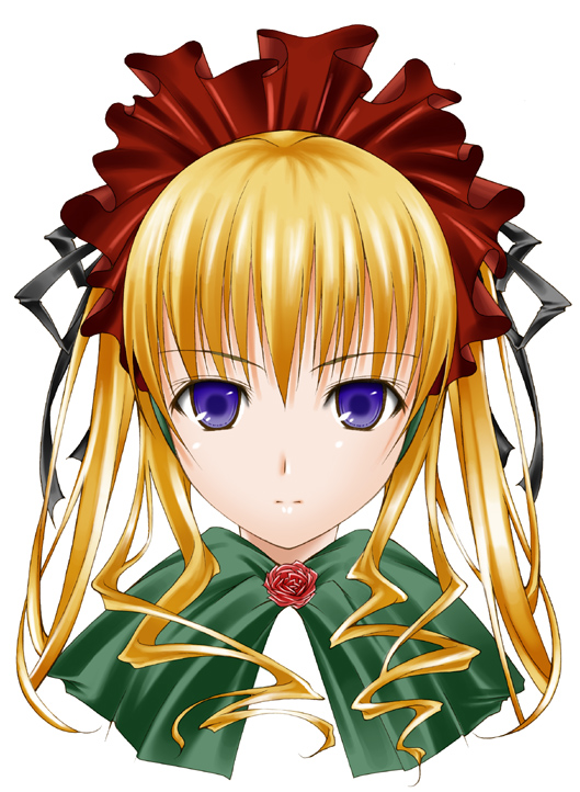 ribucci, shinku, rozen maiden, 00s, 1girl, blonde hair, blue eyes, bonnet, bow, expressionless, female focus, flower, long hair, red flower, red rose, ribbon, rose, sidelocks, solo, twintails