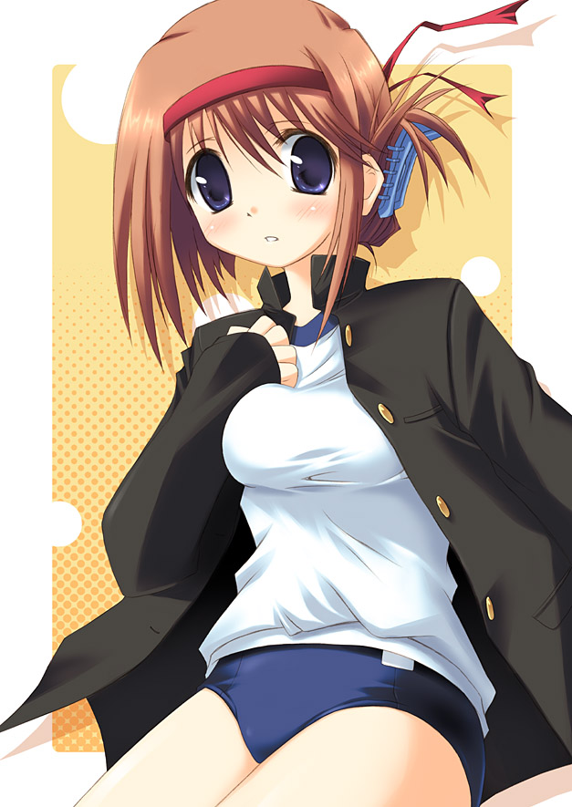 kouzuki hajime, komaki manaka, to heart (series), to heart 2, 00s, 1girl, blue eyes, buruma, female focus, folded ponytail, gakuran, gym uniform, hair ornament, hairclip, headband, school uniform, serafuku, short hair, solo