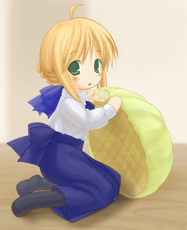 niwatoriya, artoria pendragon (fate), saber (fate), fate/stay night, fate (series), 00s, 1girl, blonde hair, blouse, bread, chibi, female focus, food, melon bread, pantyhose, shirt, solo