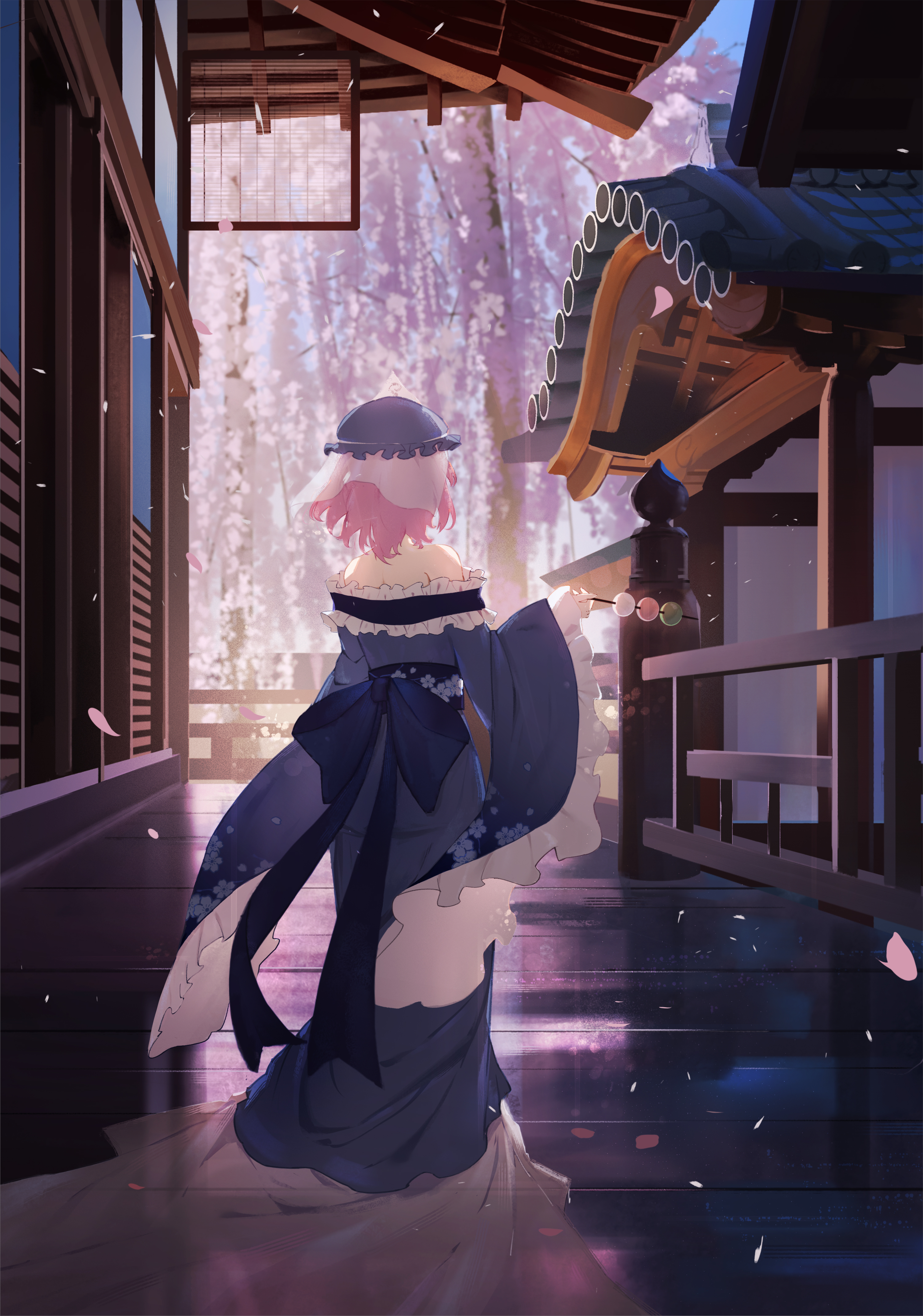 gu0st, saigyouji yuyuko, touhou, absurdres, commentary, highres, 1girl, architecture, back bow, backlighting, bare shoulders, blue bow, blue dress, blue hat, bow, building, cherry blossoms, dango, dress, east asian architecture, facing away, falling petals, floral print, floral print dress, floral print sash, food, frilled sleeves, frills, from behind, hat, holding, holding food, long dress, long sleeves, medium hair, mob cap, off-shoulder dress, off shoulder, petals, pink hair, pink petals, print dress, railing, reflective floor, sanshoku dango, see-through clothes, see-through veil, solo, tile roof, train (clothing), tree, veil, wagashi, wooden floor