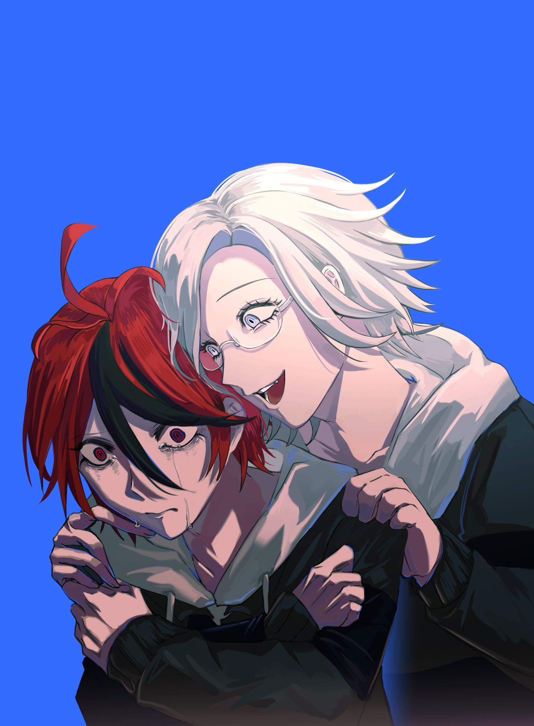 aotsuki eito, sumino takumi, the hundred line -last defense academy-, absurdres, chinese commentary, commentary, highres, spoilers, variant set, 2boys, ahoge, black streaks, blue background, blue eyes, borrowed clothes, crying, crying with eyes open, glasses, grey hair, grey jacket, grin, hands on another's shoulders, hood, hoodie, jacket, jacket over hoodie, looking at another, male focus, multicolored hair, multiple boys, purple eyes, red hair, self hug, short hair, simple background, smile, streaked hair, tears, upper body, white hoodie, wide-eyed, yangjinghua900
