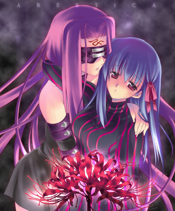 ariko youichi, dark matou sakura, dark sakura, matou sakura, medusa (fate), medusa (rider) (fate), fate/stay night, fate (series), 00s, 2girls, blindfold, blue hair, bow, expressionless, grey background, hair ribbon, long hair, multiple girls, purple hair, red eyes, ribbon