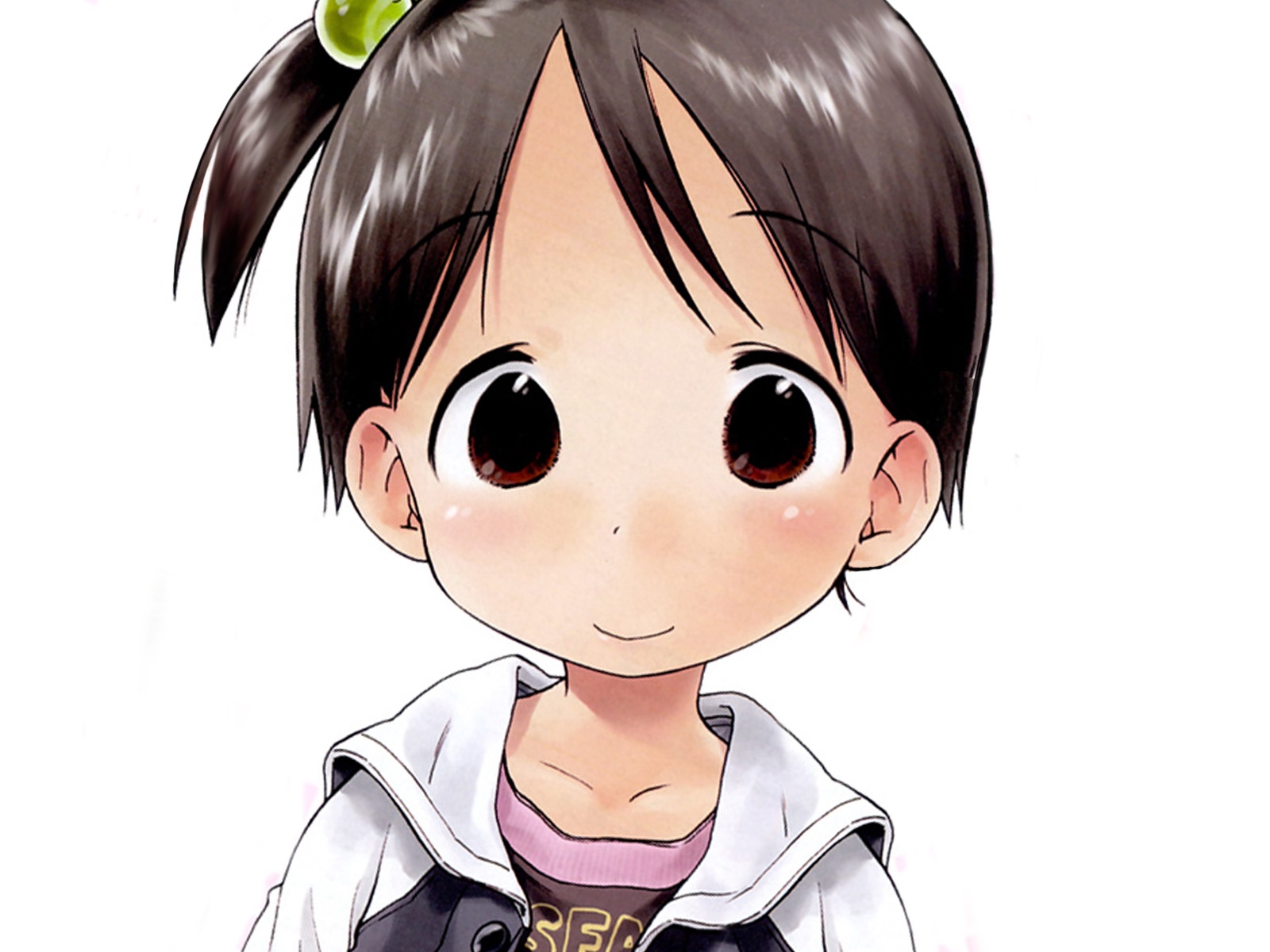 barasui, itou chika, ichigo mashimaro, highres, 1girl, brown eyes, brown hair, child, collarbone, female focus, hood, hoodie, jacket, looking at viewer, open clothes, open jacket, portrait, raglan sleeves, short hair, simple background, smile, solo, upper body, white background