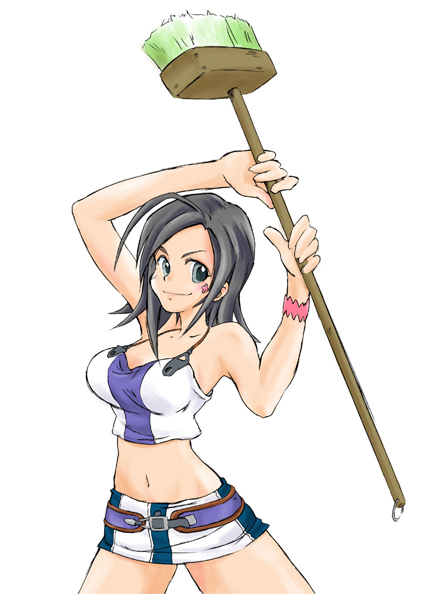 aoi zero, talho yuuki, eureka seven, eureka seven (series), 00s, 1girl, ahoge, arms up, belt, black hair, bracelet, broom, brown hair, collarbone, crop top, facial mark, female focus, holding, jewelry, looking at viewer, microskirt, midriff, miniskirt, mop, navel, short hair, skirt, smile, solo, strapless, tube top, yellow eyes