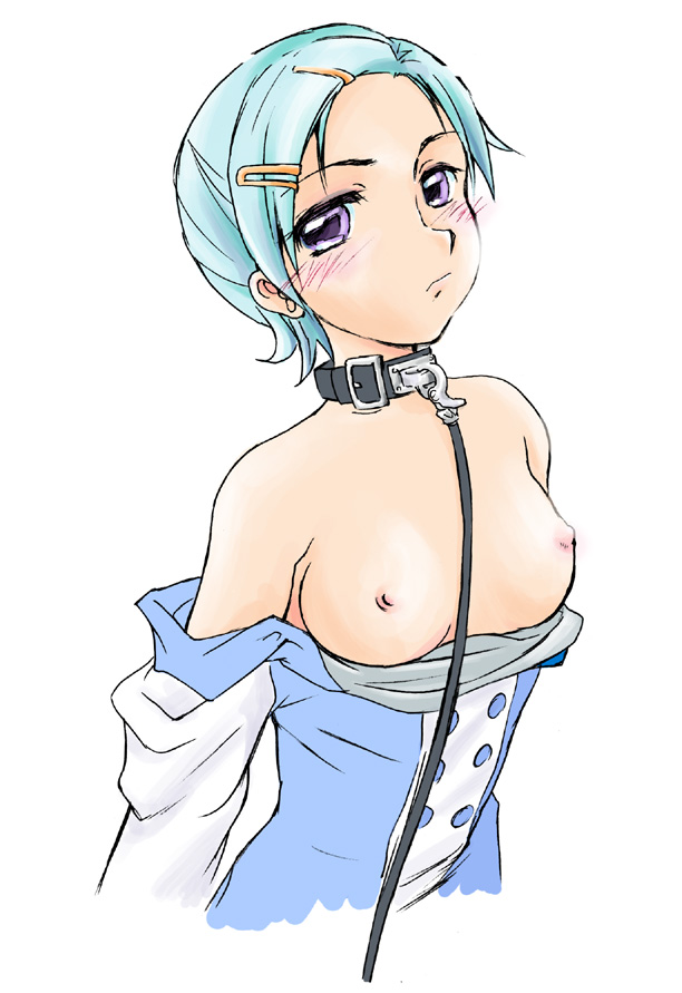 aoi zero, eureka (eureka seven), eureka seven, eureka seven (series), 00s, 1girl, bdsm, blue hair, blush, bondage, bound, breasts, clothes pull, collar, dress, dress pull, female focus, leash, looking at viewer, nipples, no bra, purple eyes, short hair, simple background, small areolae, small breasts, small nipples, solo, white background