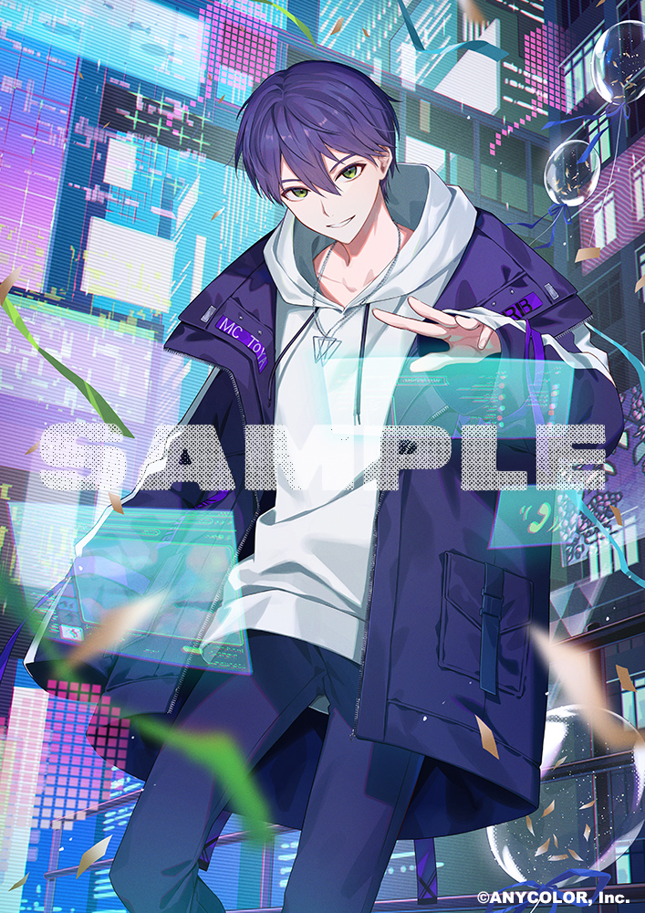 hinatsu, kenmochi touya, kenmochi touya (8th costume), nijisanji, commentary request, official art, 1boy, balloon, blurry, confetti, copyright notice, depth of field, green eyes, hair between eyes, hologram, hood, hoodie, jacket, jewelry, looking at viewer, male focus, necklace, official alternate costume, open clothes, open jacket, pants, purple hair, purple jacket, purple pants, sample watermark, short hair, solo, streamers, virtual youtuber, watermark, white hoodie