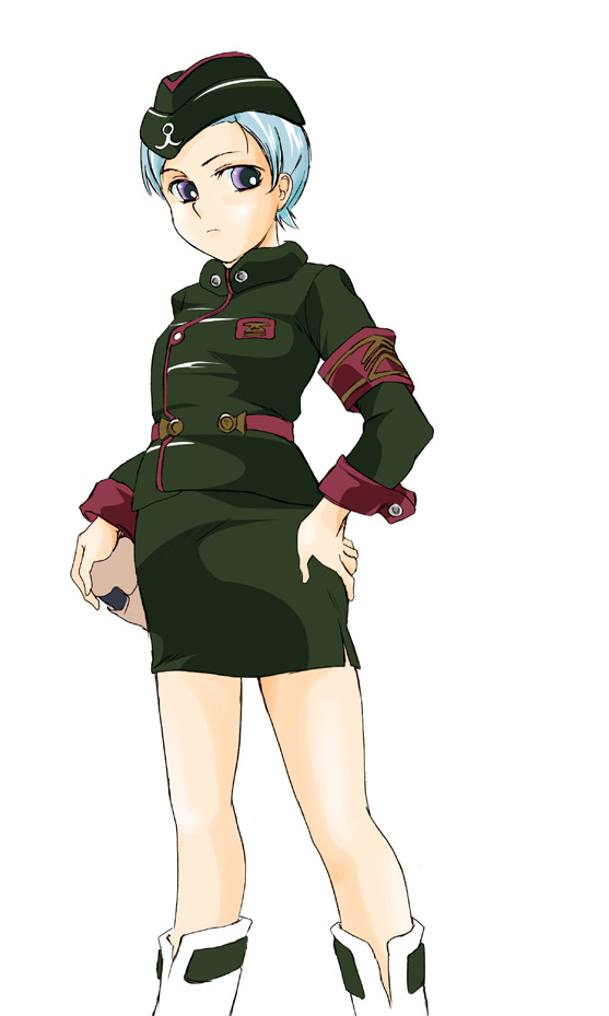 aoi zero, eureka (eureka seven), maria schneider, eureka seven, eureka seven (series), 1girl, blue hair, cosplay, female focus, garrison cap, hat, maria schneider (cosplay), military, military uniform, pencil skirt, skirt, solo