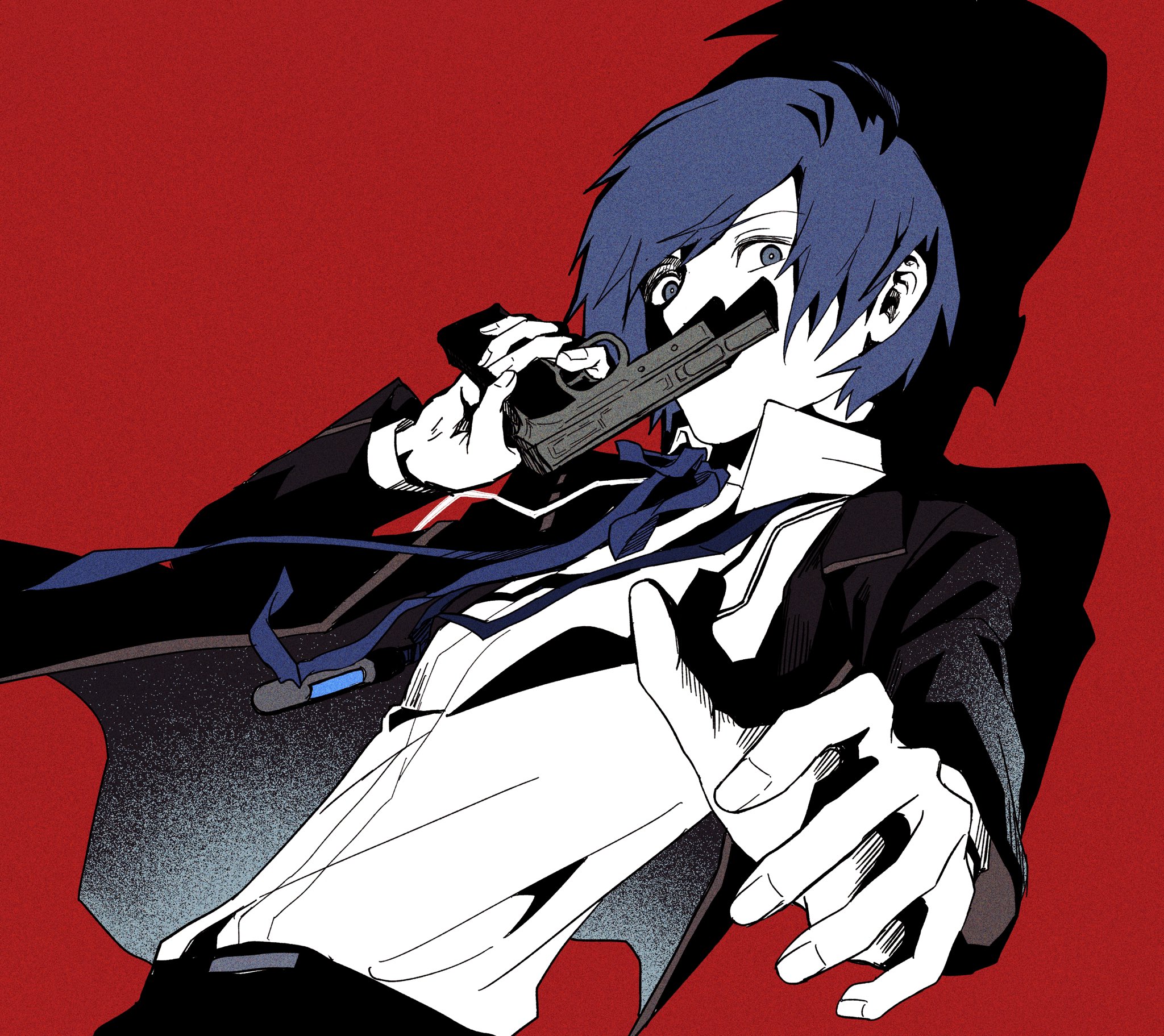 otoko haza, yuuki makoto (persona 3), persona, persona 3, highres, 1boy, black jacket, black pants, blue eyes, blue hair, blue necktie, collared shirt, covered mouth, gun, hand up, holding, holding gun, holding weapon, jacket, looking at viewer, male focus, necktie, open clothes, open jacket, pants, red background, shadow, shirt, short hair, simple background, solo, weapon, white shirt