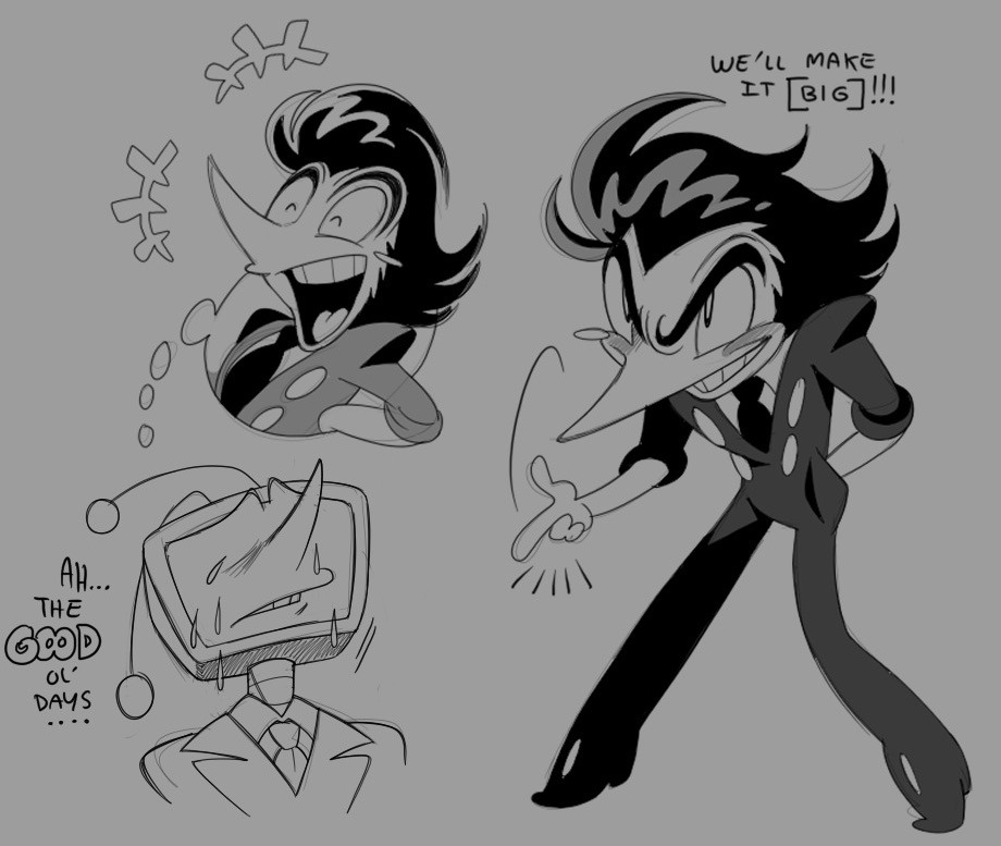 roachgore, ant tenna, spamton g. spamton, spamton g. spamton (big shot), deltarune, utdr (toby fox), 2boys, black hair, blush, blush stickers, crt, hair slicked back, jacket, long nose, male focus, multiple boys, necktie, no ears, object head, pants, pointy nose, shirt, single blush sticker, smile, teeth