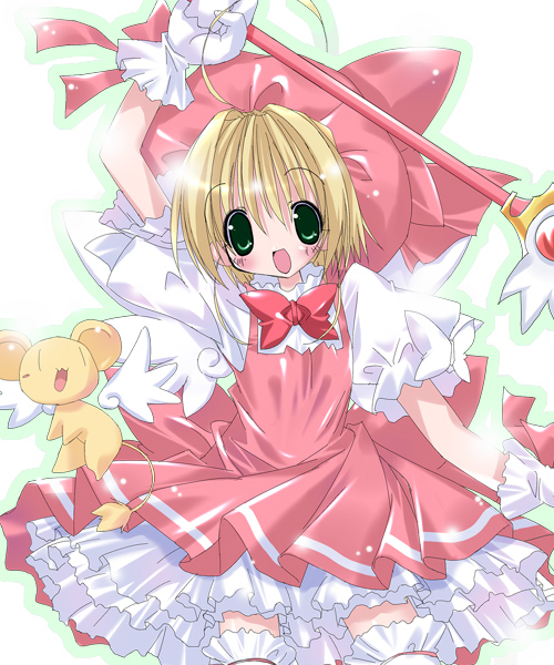 paco, kero (cardcaptor sakura), kinomoto sakura, kinomoto sakura (magician), cardcaptor sakura, 1990s (style), 1girl, ahoge, bad anatomy, blonde hair, blush, bow, creature, dress, female focus, frills, fuuin no tsue, green eyes, hat, looking at viewer, magical girl, pink hat, poorly drawn, retro artstyle, short hair, smile, solo, thighhighs, wings, zettai ryouiki