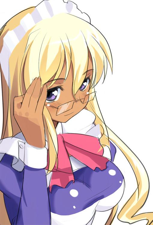 sikorsky, original, 1girl, adjusting eyewear, blonde hair, blush, breasts, female focus, glasses, hairband, impossible clothes, impossible shirt, large breasts, long hair, looking at viewer, maid, maid headdress, purple eyes, shirt, solo, tan