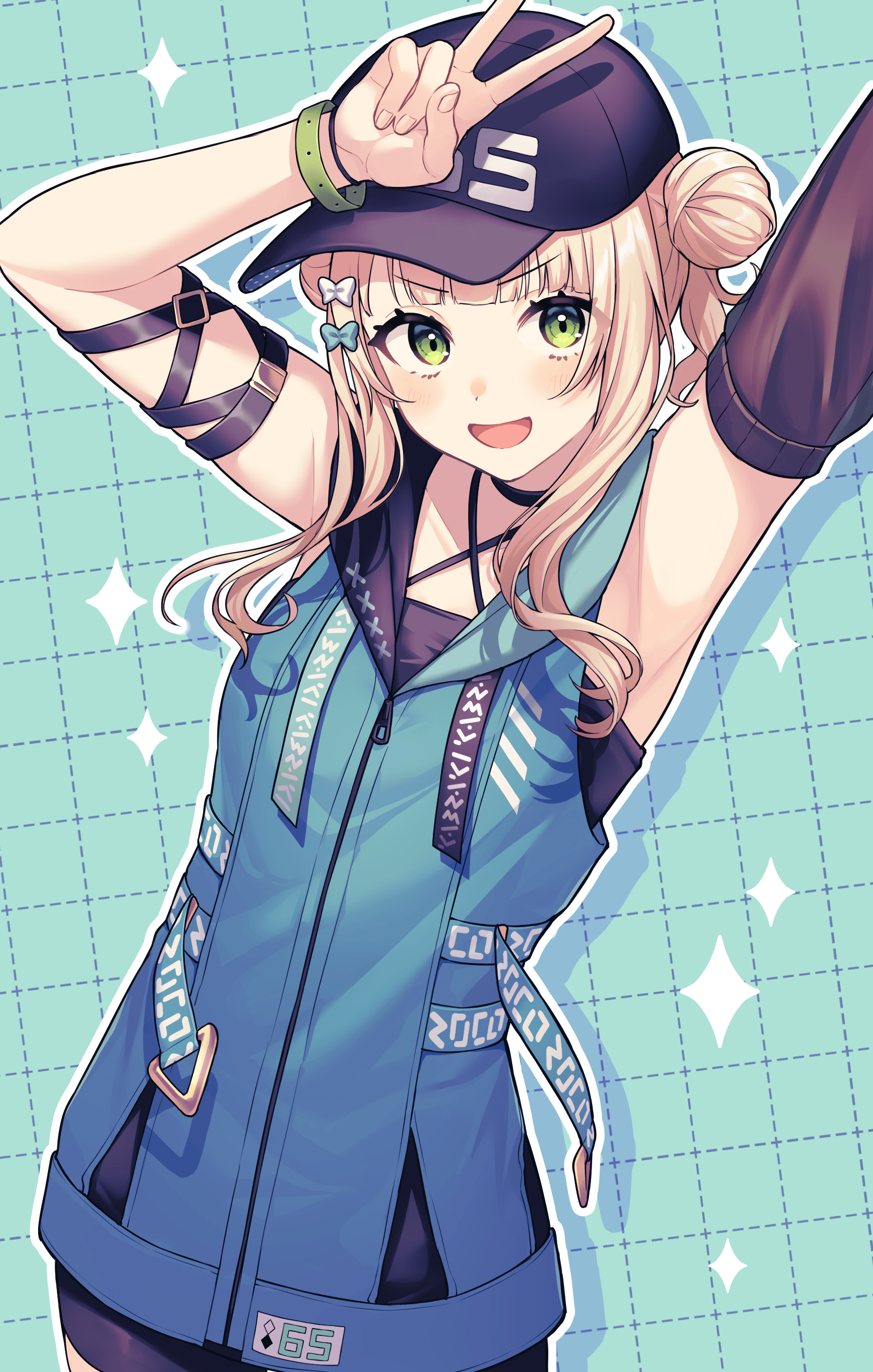 lq saku, kaburaki roco, kaburaki roco (1st costume), nijisanji, absurdres, highres, 1girl, aqua background, arms up, blonde hair, blue jacket, cowboy shot, double bun, green eyes, hair bun, jacket, light blush, looking at viewer, open mouth, sidelocks, sleeveless, sleeveless jacket, smile, solo, sparkle, standing, v, v-shaped eyebrows, virtual youtuber, zipper pull tab