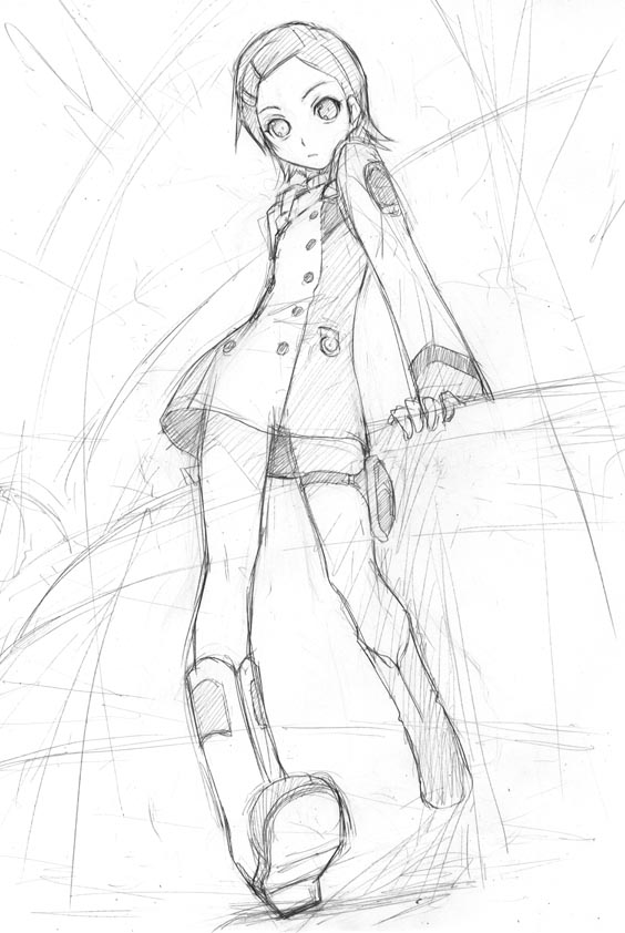 eureka (eureka seven), eureka seven, eureka seven (series), traditional media, 00s, 1girl, female focus, greyscale, monochrome, sketch, solo, thigh strap