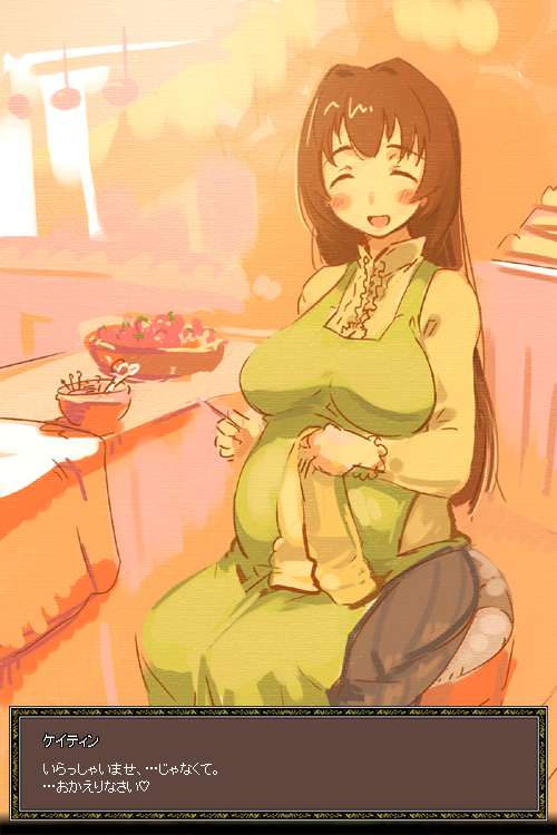 kaqo, caitin, mabinogi, translated, 1girl, black hair, blush, breasts, closed eyes, female focus, gameplay mechanics, happy, knitting, large breasts, long hair, pregnant, smile, solo
