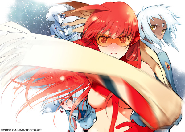 miyama waka, buster machine 7, lal'c mellk mal, nono (top wo nerae 2!), serpentine shimai (ane), serpentine shimai (imouto), tycho science, top wo nerae! (series), top wo nerae 2!, uniform, 00s, 5girls, ahoge, angry, blurry, blush, bodysuit, crescent, cross-shaped pupils, dark-skinned female, dark skin, dated, depth of field, earrings, facial mark, floating hair, forehead mark, freckles, frown, gainaxtop, glasses, gloves, goggles, hand on own hip, hug, jewelry, long hair, long sleeves, looking at viewer, looking back, mask, motion blur, multiple girls, necktie, nose blush, red eyes, red hair, scarf, short hair, short twintails, siblings, sisters, sky, space, star (sky), starry sky, symbol-shaped pupils, thighhighs, third eye, twins, twintails, white hair, wide hips, yellow eyes