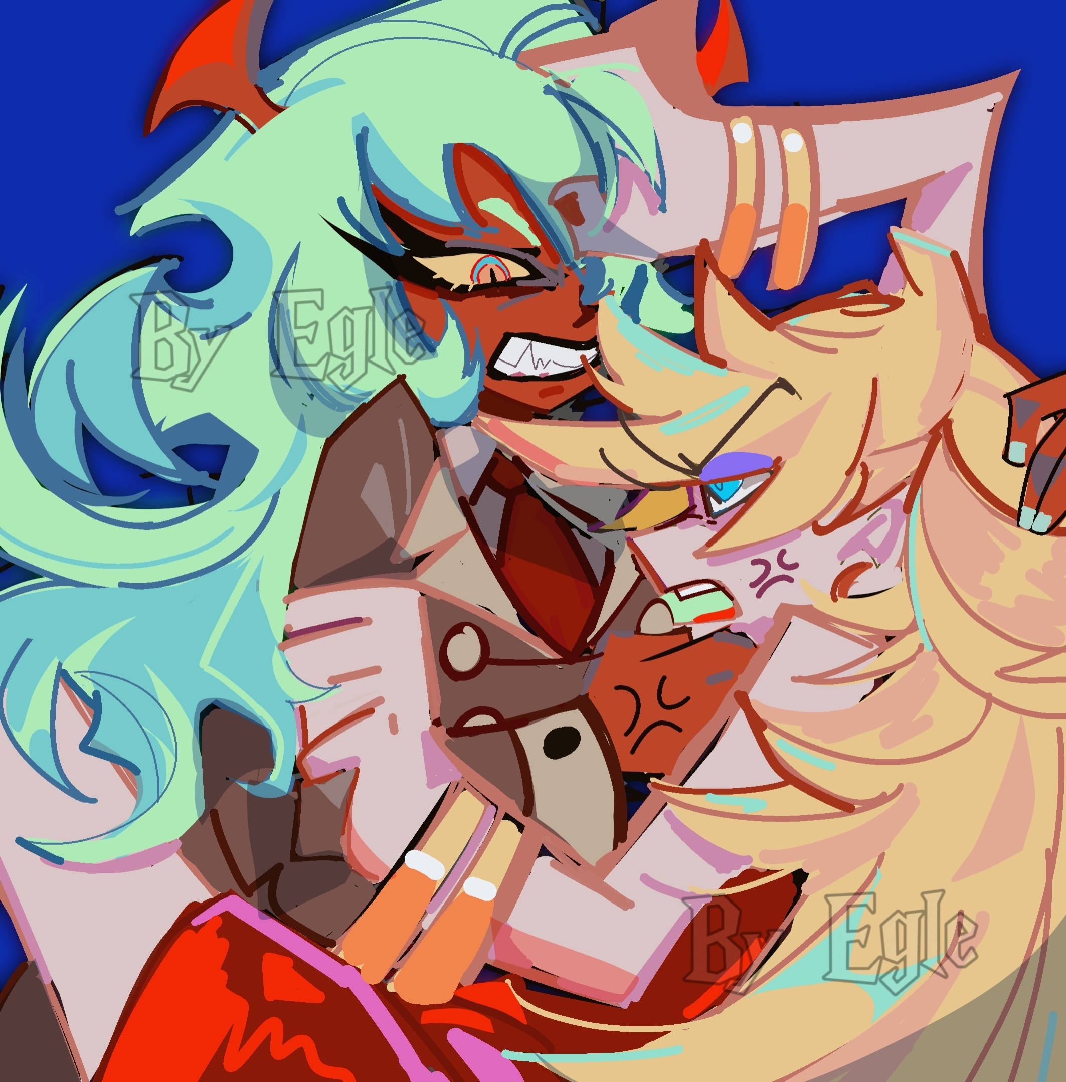 panty (psg), scanty (psg), panty & stocking with garterbelt, highres, 2girls, angel, blonde hair, blue eyes, demon girl, fighting, grabbing another's hair, green hair, hamsteregle, holding another's hair, long hair, multiple girls, necktie, red eyes, red necktie, school uniform