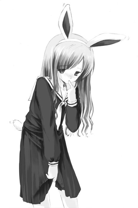 yurikuta tsukumi, toudou shimako, maria-sama ga miteru, 00s, animal ears, clothes lift, greyscale, lifting own clothes, monochrome, pleated skirt, rabbit ears, school uniform, serafuku, skirt, skirt lift, solo