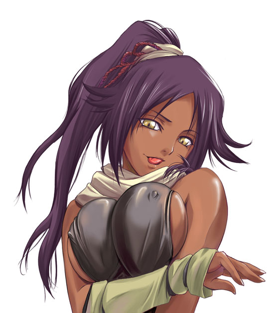 q-gaku, shihouin yoruichi, bleach, 00s, 1girl, breasts, breasts squeezed together, covered erect nipples, dark-skinned female, dark skin, female focus, high ponytail, large breasts, naughty face, nipples, ponytail, purple hair, simple background, solo, tongue, tongue out, white background, yellow eyes