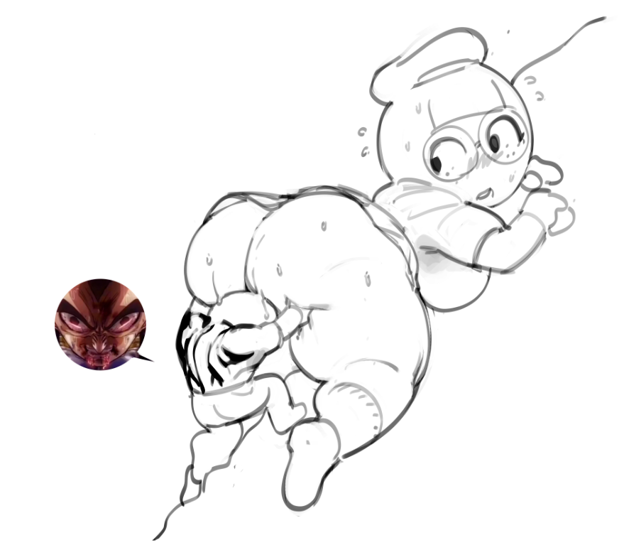sisyphus (mythology), vegeta, peak (game), 1boy, 1girl, ass, back, blunt bangs, breasts, freckles, glasses, hat, large breasts, muscular, muscular male, nsfwzyreo, plump, pushing, sailor hat, size difference, sketch, sweat