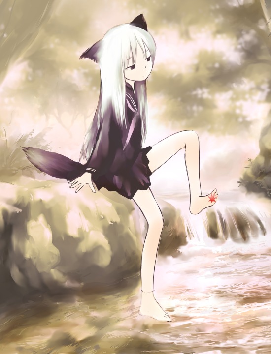 kashmir, original, 1girl, animal ears, barefoot, feet, female focus, forest, fox ears, nature, outdoors, pleated skirt, school uniform, serafuku, skirt, soles, solo, toes, water