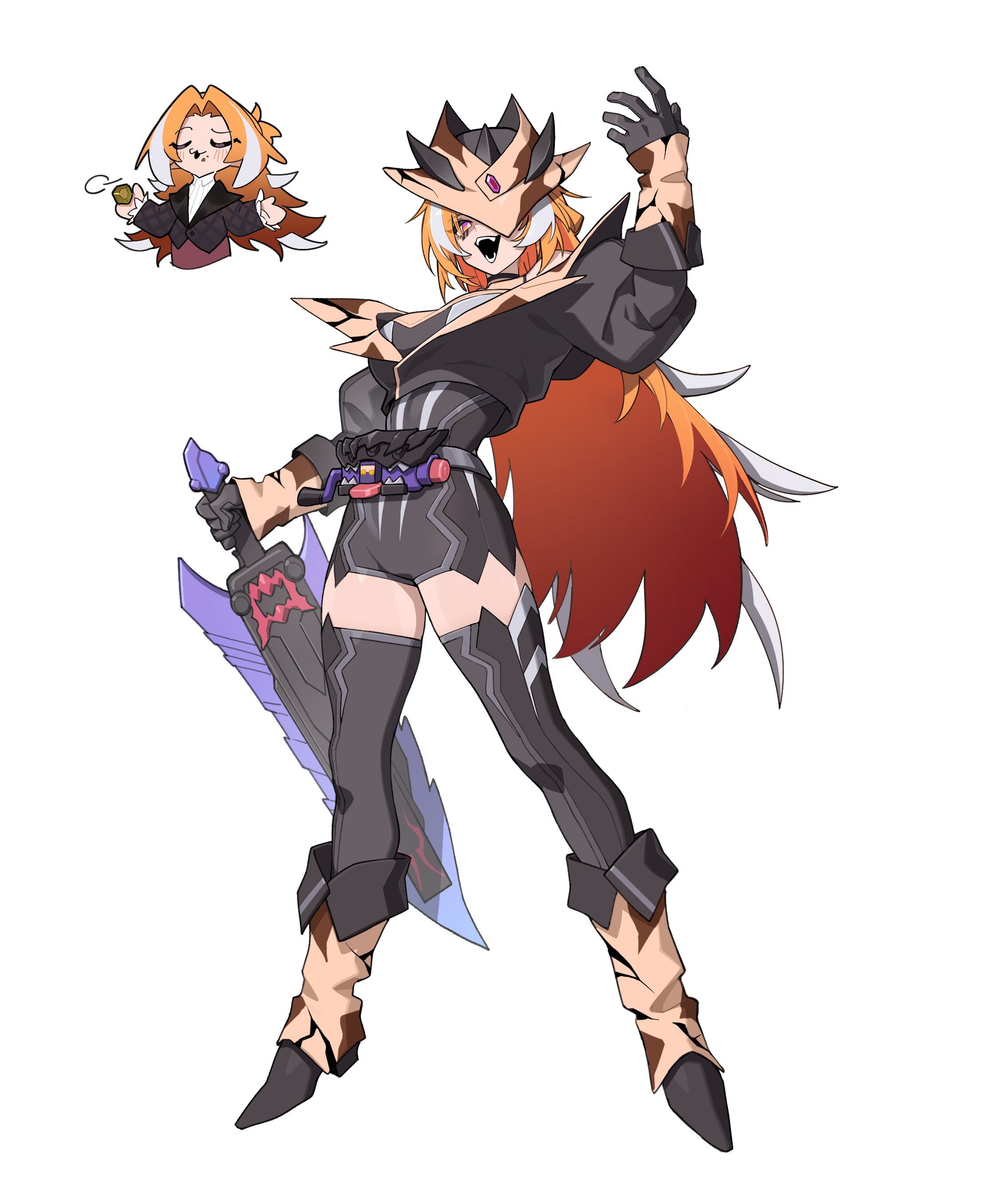 goz-zz, kamen rider bake, rider-tan, kamen rider, kamen rider gavv (series), absurdres, highres, 1girl, belt, bodysuit, boots, genderswap, genderswap (mtf), gloves, long hair, orange hair, sword, weapon