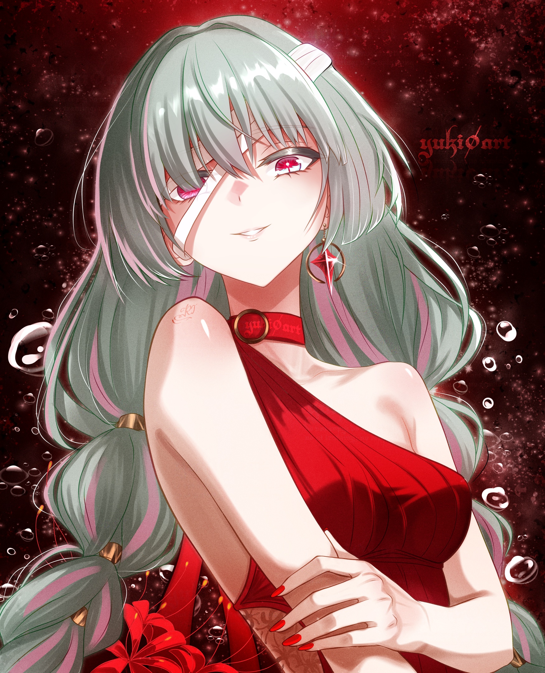 yuki0 art, phrolova (wuthering waves), wuthering waves, commentary, english commentary, highres, 1girl, alternate costume, bare shoulders, braid, breasts, dress, earrings, fingernails, flower, grey hair, jewelry, long hair, looking at viewer, loose bandages, low twin braids, medium breasts, multicolored hair, nail polish, parted lips, red dress, red eyes, red nails, red pupils, smile, solo, spider lily, streaked hair, twin braids, twitter username, upper body