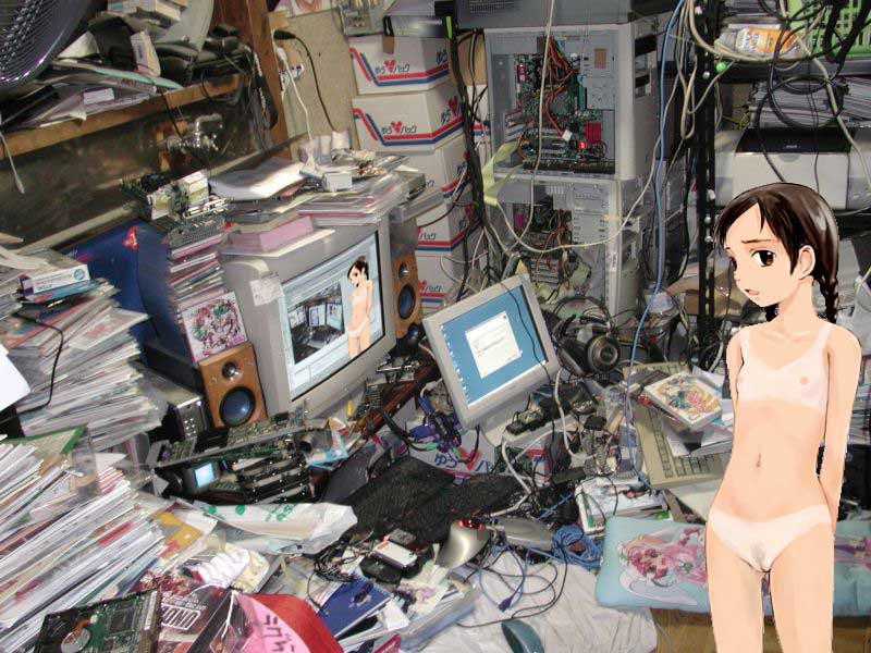 third-party edit, 1girl, brown eyes, brown hair, cable, flat chest, loli, navel, nipples, nude, open mouth, otaku room, pussy, shop, tan, tanline