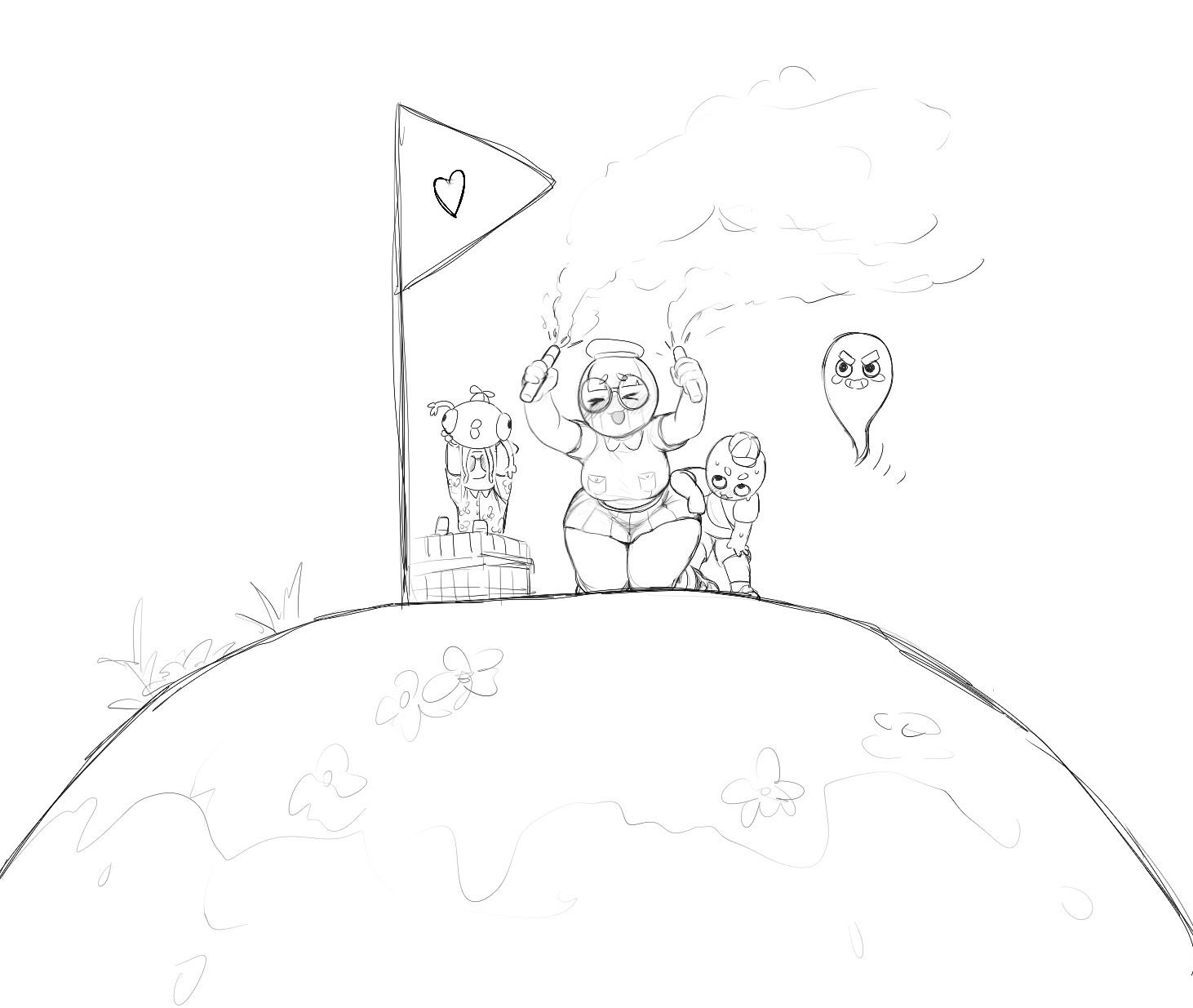 okdudelisten, peak (game), highres, 1girl, 2boys, breasts, curvy, flare, ghost, glasses, greyscale, large breasts, monochrome, multiple boys, pleated skirt, round eyewear, simple background, size difference, sketch, skirt, thick thighs, thighs, white background